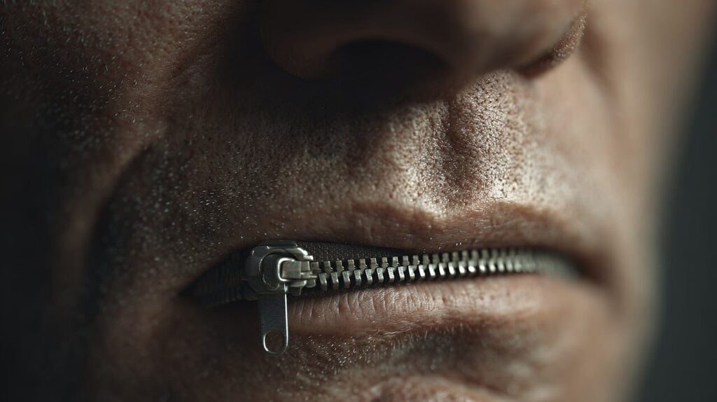 mouth, zipper, lips, closed, secret, mute, censorship, expression, quiet, speak, human, face, close, up, skin, shut, communication, freedom, speech, hidden, confidential, restricted, control, political, ai generated